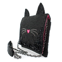 Kitty Couture Black and Pink Beaded Cat Crossbody Handbag
