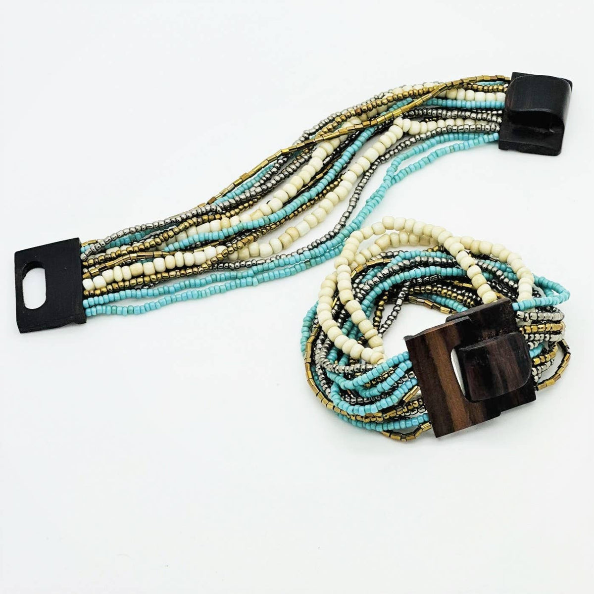 Bali Glass Beads Mini Wood Buckle Bracelet: Cream/Turquoise