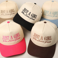 Just A Girl Who Loves Jesus Embroidery Trucker Hat: ONE SIZE
