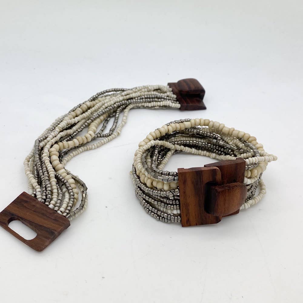 Bali Glass Beads Mini Wood Buckle Bracelet Cream/Grey