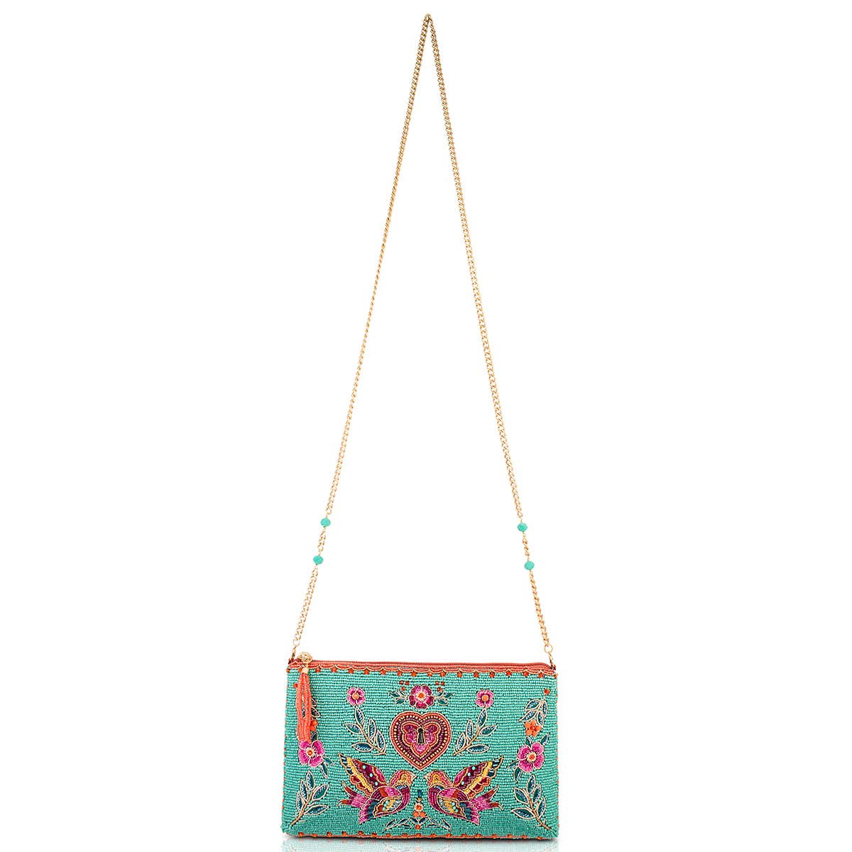 Two In Love Lovebirds and Heart on Turquoise Beaded Handbag