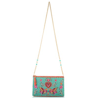 Two In Love Lovebirds and Heart on Turquoise Beaded Handbag