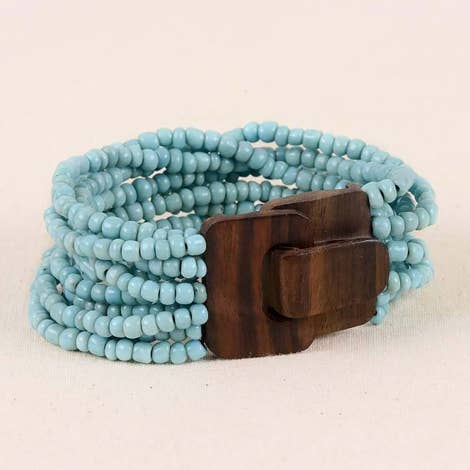 Bali Glass Beads Bracelet with Mini Wood Buckle: Turquoise