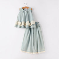 Summer Light Color Denim Lace Girls Set
