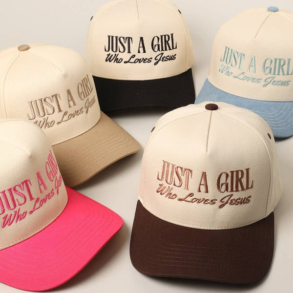 Just A Girl Who Loves Jesus Embroidery Trucker Hat: Beige / ONE SIZE