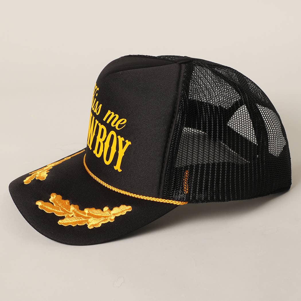 Kiss Me Cowboy Text Foam Mesh Back Trucker Hat: BLKGD / ONE SIZE