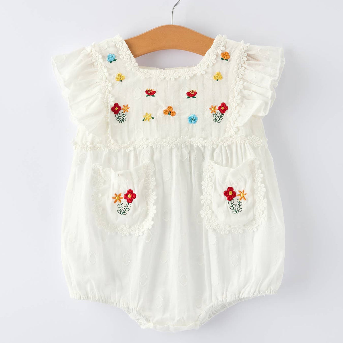 Floral Embroidery Baby Girl Romper With Ruffle Sleeves