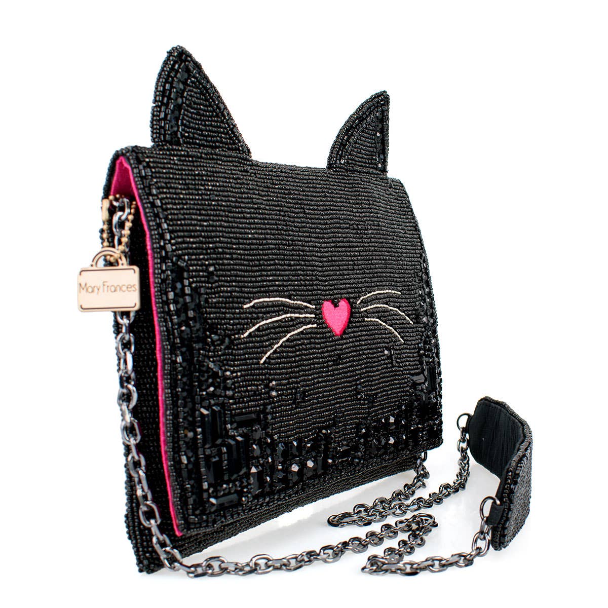 Kitty Couture Black and Pink Beaded Cat Crossbody Handbag