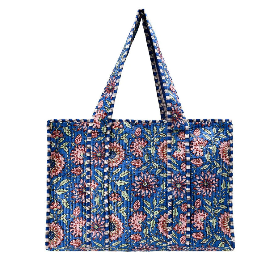 Blue And Pink Cotton Floral Block Print Tote