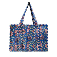Blue And Pink Cotton Floral Block Print Tote
