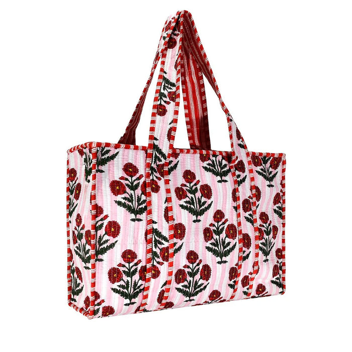 Red And Pink Cotton Floral Block Print Tote