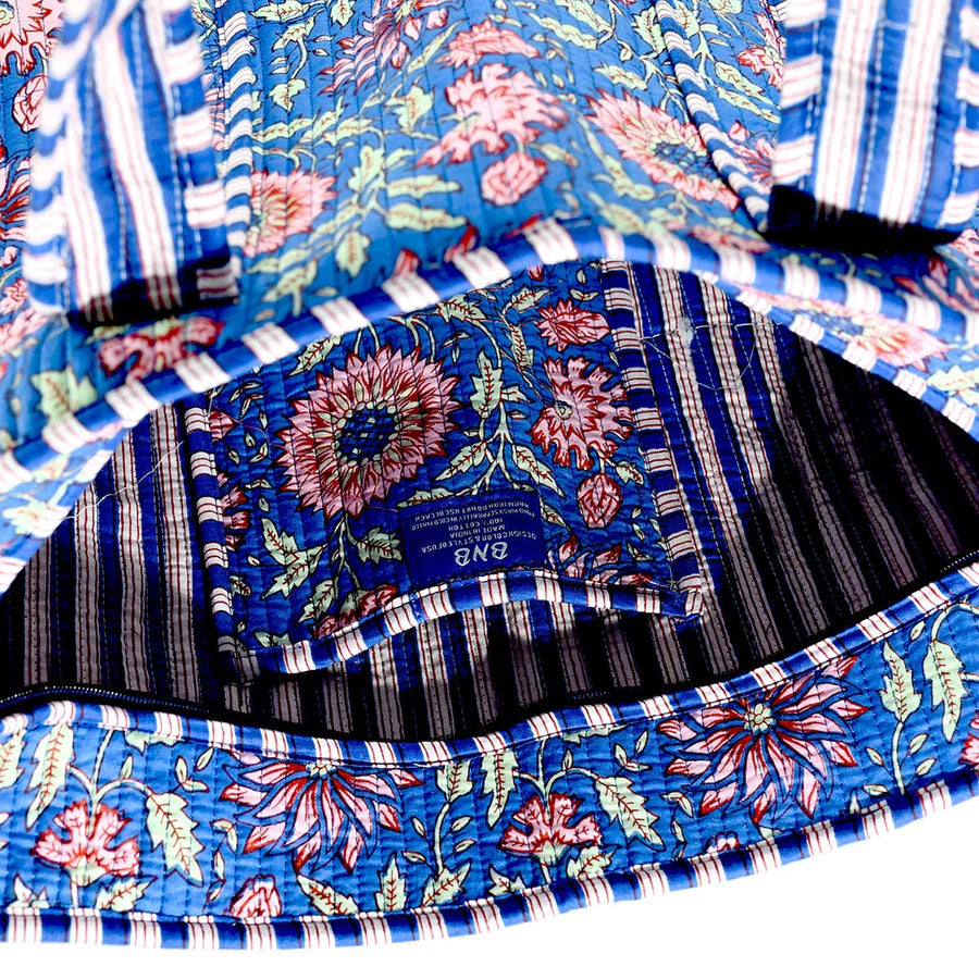 Blue And Pink Cotton Floral Block Print Tote