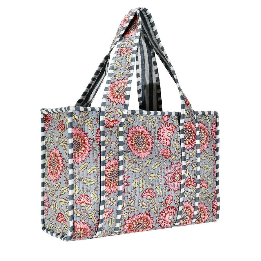 Pink Sunflower Cotton Floral Block Print Tote