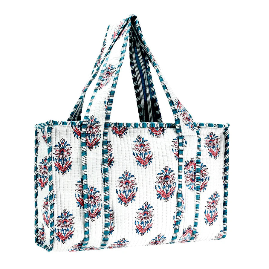 White Cotton Floral Block Print Tote