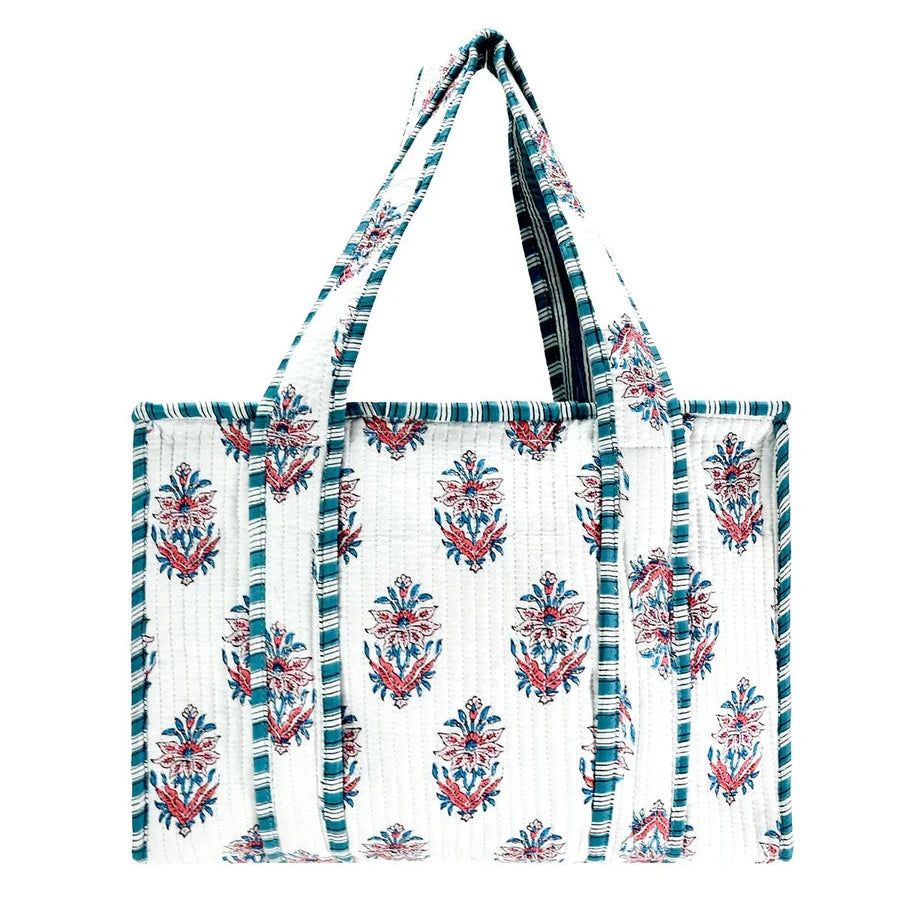 White Cotton Floral Block Print Tote