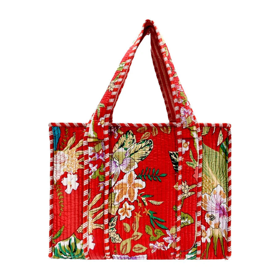 Red Cotton Floral Block Print Tote