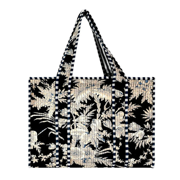 Black Cotton Floral Block Print Tote
