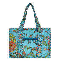 Blue and Pink Cotton Floral Block Print Tote