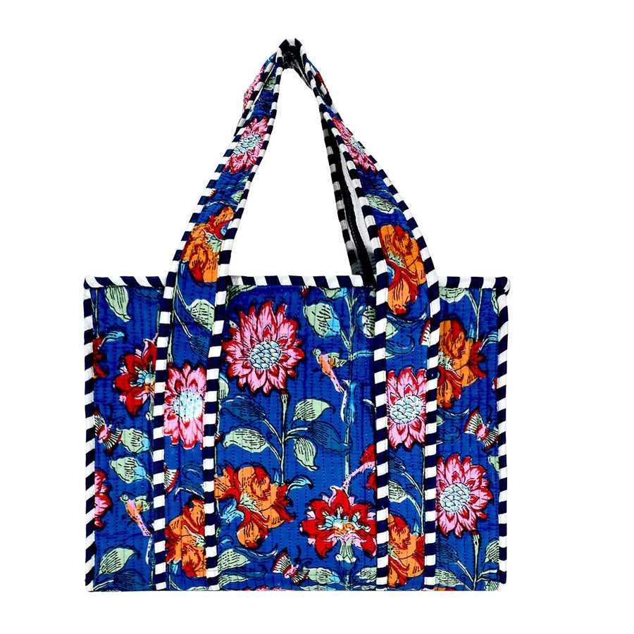 Royal Blue Cotton Floral Block Print Tote