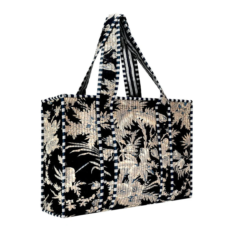 Black Cotton Floral Block Print Tote