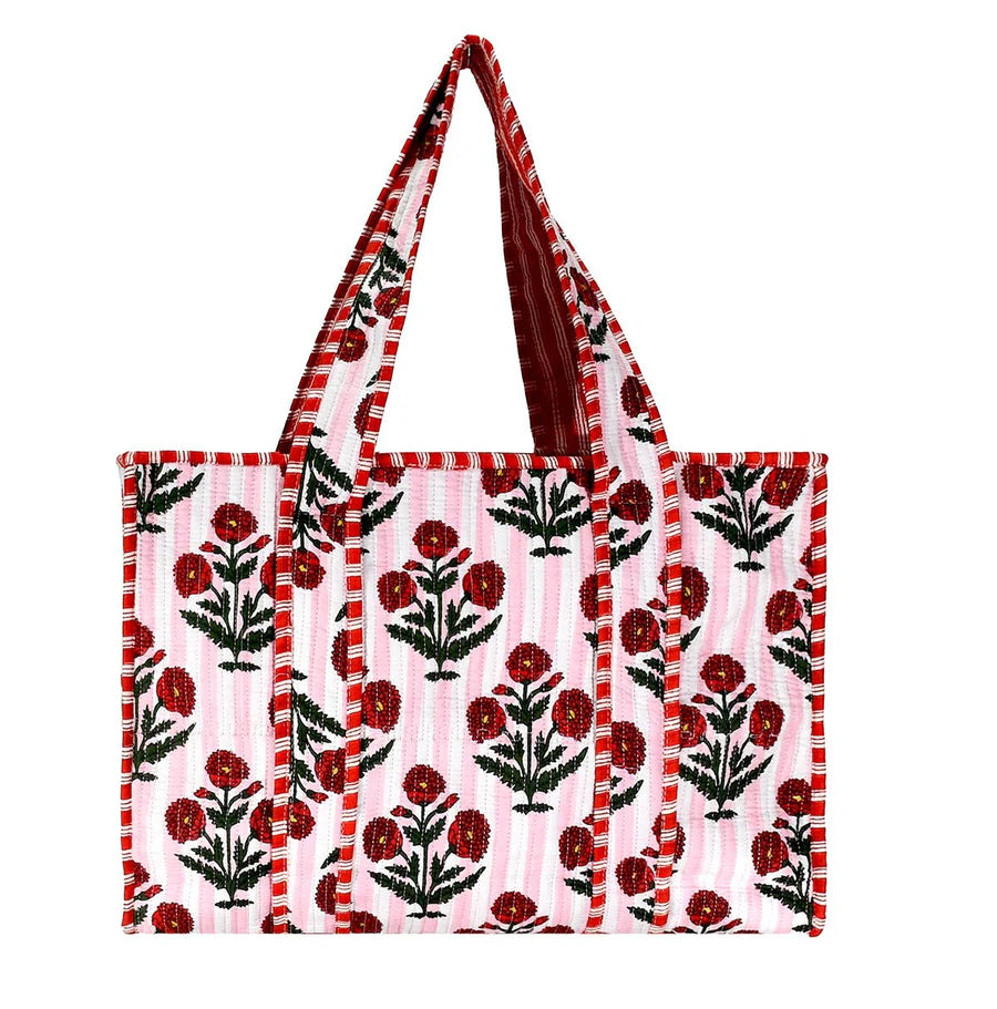 Red And Pink Cotton Floral Block Print Tote
