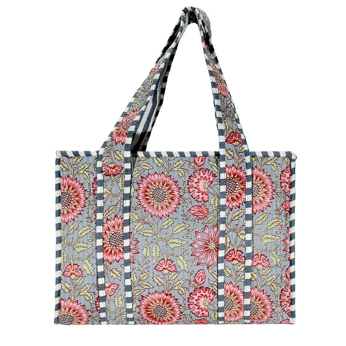 Pink Sunflower Cotton Floral Block Print Tote