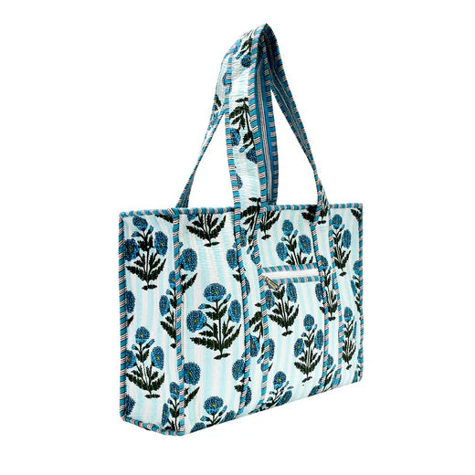 Blue Trio Cotton Floral Block Print Tote