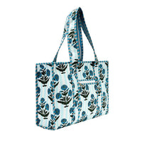 Blue Trio Cotton Floral Block Print Tote