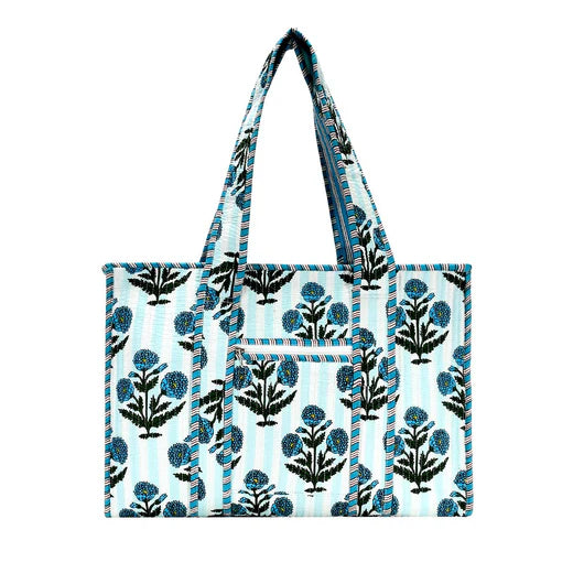 Blue Trio Cotton Floral Block Print Tote