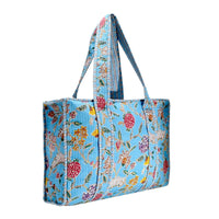 Blue And Red Cotton Floral Block Print Tote