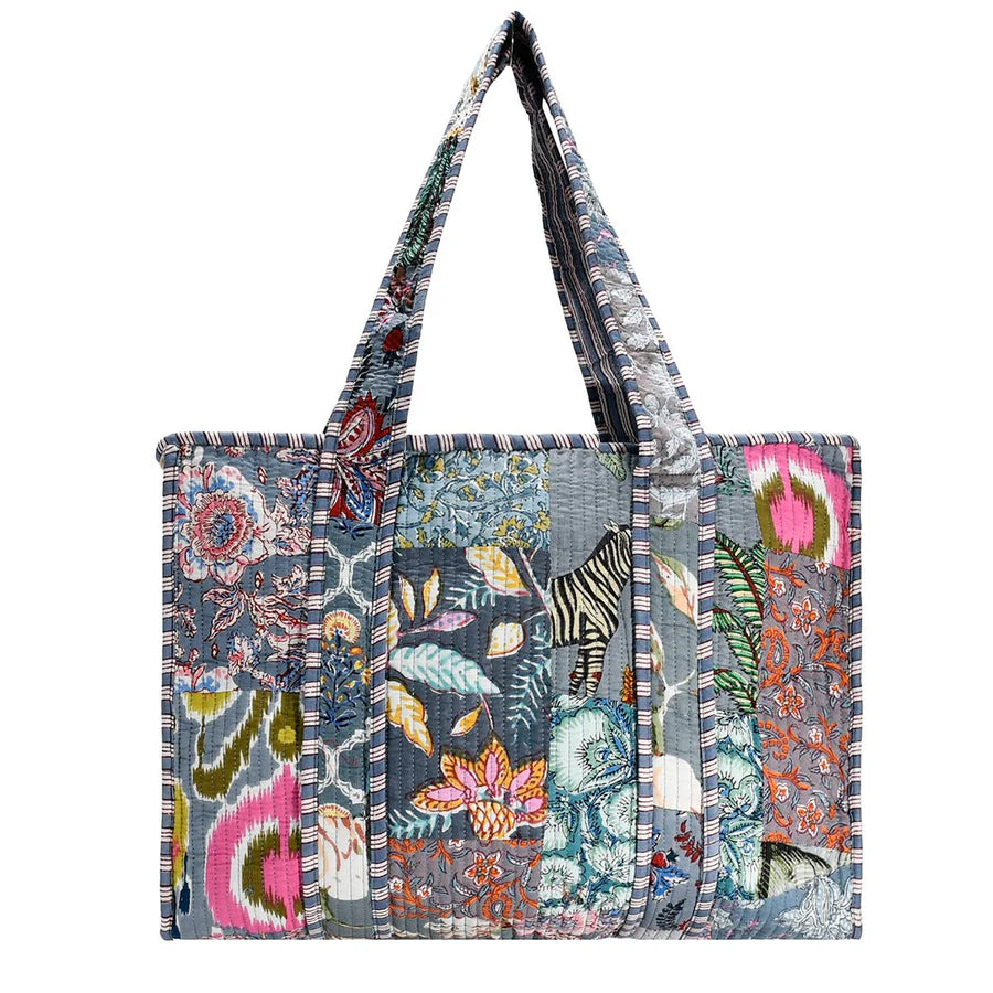 Grey Cotton Floral Block Print Tote