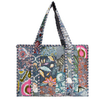 Grey Cotton Floral Block Print Tote