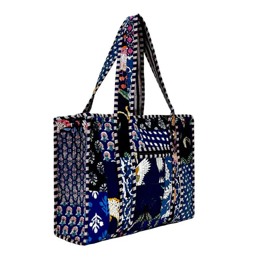 Blue Patch Cotton Floral Block Print Tote