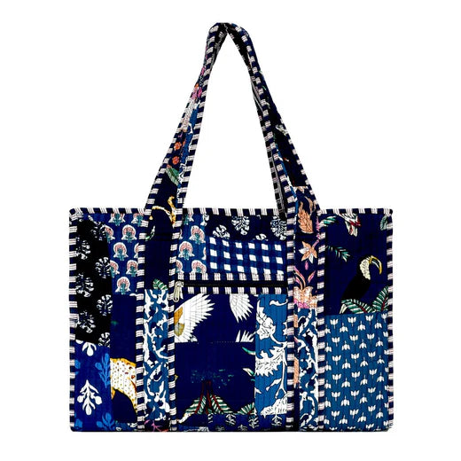 Blue Patch Cotton Floral Block Print Tote