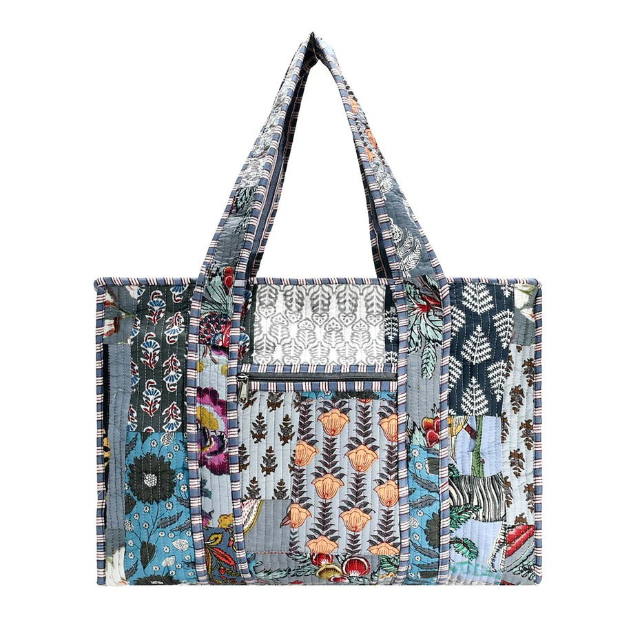 Grey Cotton Floral Block Print Tote
