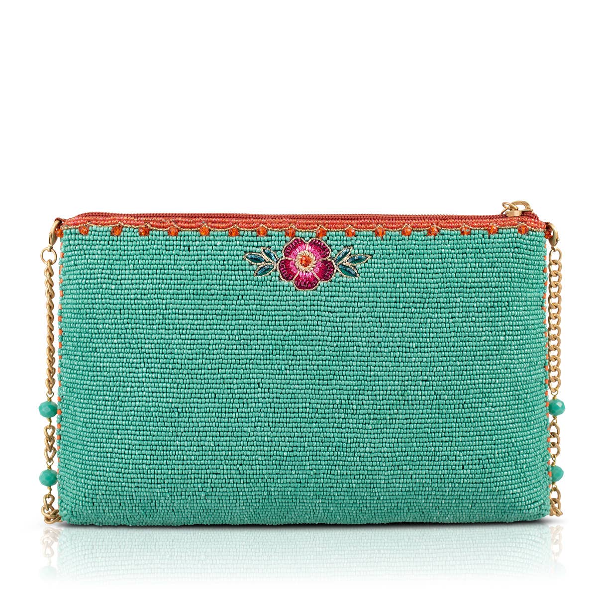 Two In Love Lovebirds and Heart on Turquoise Beaded Handbag