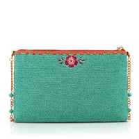 Two In Love Lovebirds and Heart on Turquoise Beaded Handbag