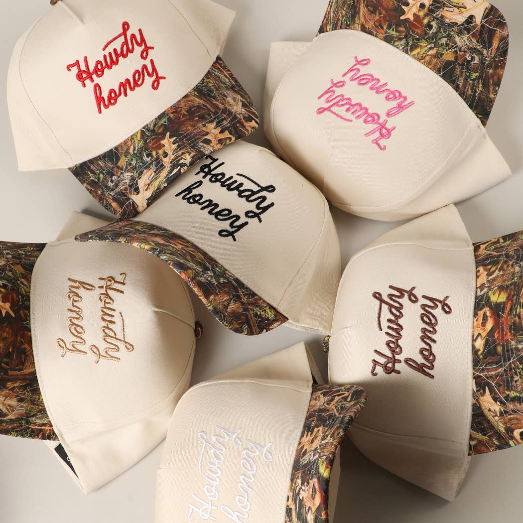 Howdy Honey Embroidery Camo Two-Tone Trucker Hat: CAMO-BEIGE / ONE SIZE
