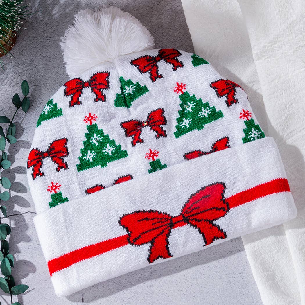 Bow and Tree Led Light Up Beanie with White Pom Pom