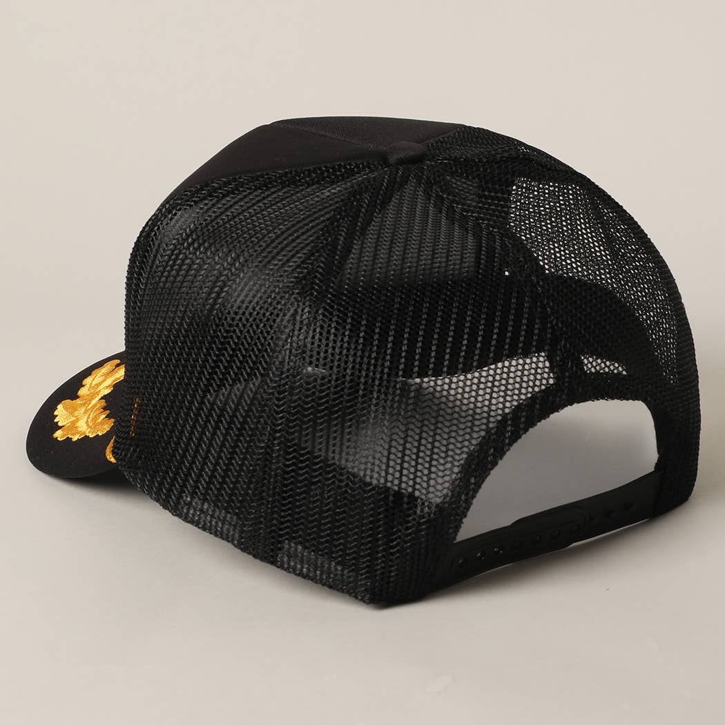 Kiss Me Cowboy Text Foam Mesh Back Trucker Hat: BLKGD / ONE SIZE