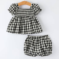 Plaid Girl Smocked Set Puff Sleeve Bloomer Set