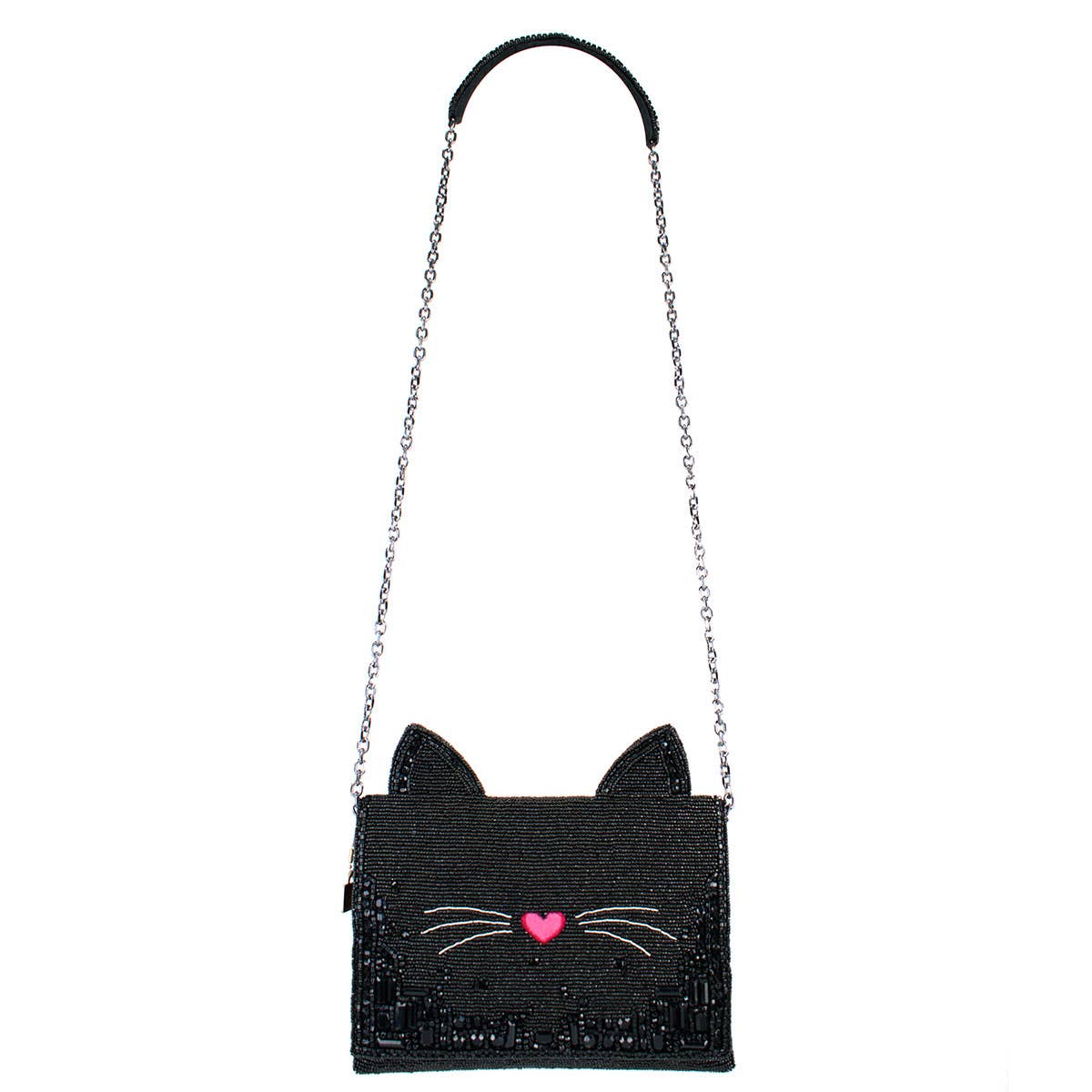 Kitty Couture Black and Pink Beaded Cat Crossbody Handbag