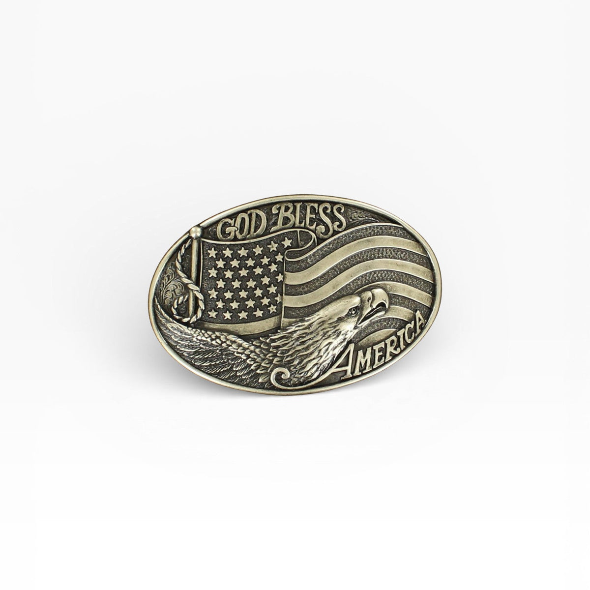 Belt buckle with American flag design and 'God Bless America' text on a white background