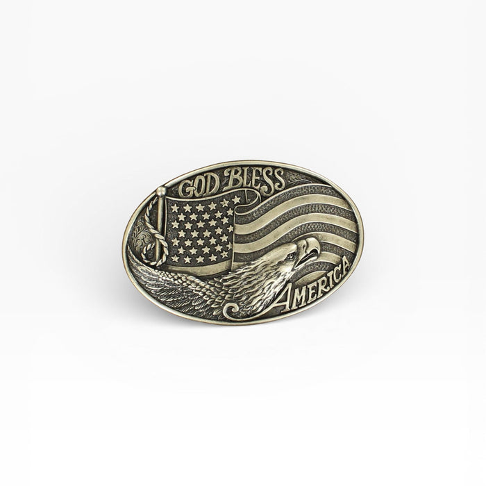 Belt buckle with American flag design and 'God Bless America' text on a white background
