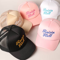 Raisin Hell Text Embroidery Mesh Back Trucker Hat: BLUSH / ONE SIZE