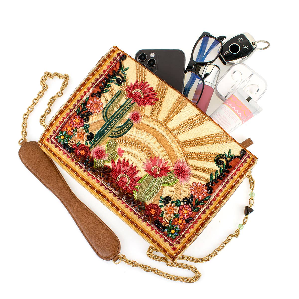 Desert Sunrise Beaded Cactus and Floral Crossbody Handbag