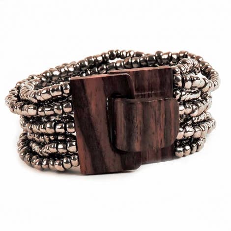 Bali Glass Beads Mini Wood Buckle Bracelet: Grey