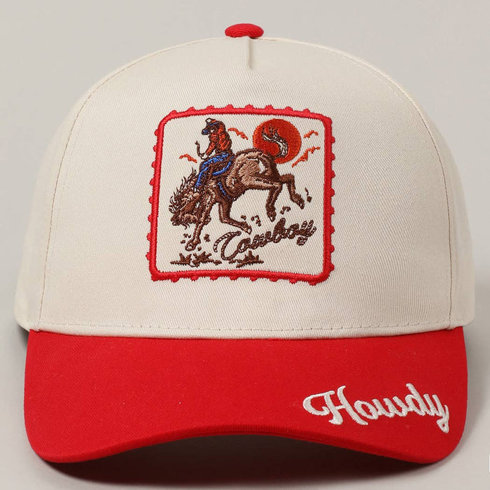 Detailed Cowboy Horse Embroidery Two-Tone Cap: Red / One Size