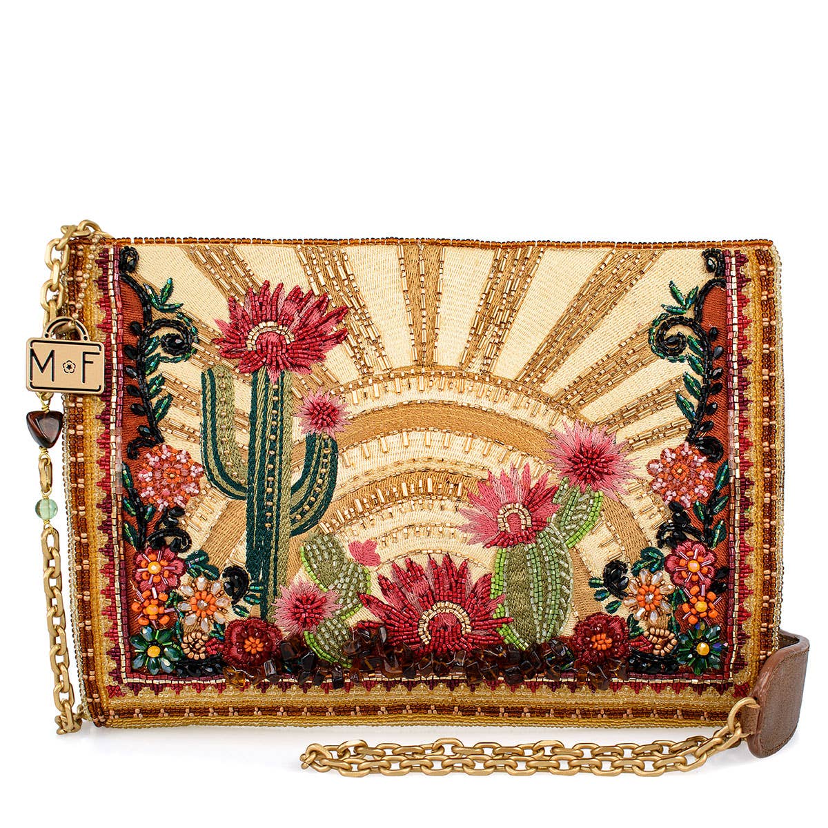 Desert Sunrise Beaded Cactus and Floral Crossbody Handbag