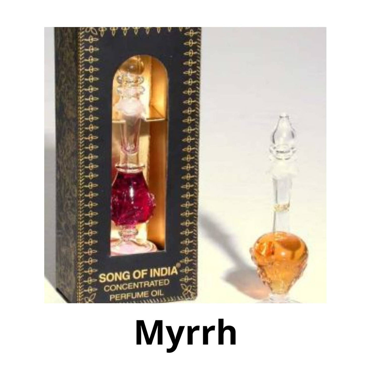 Perfume oil bottle with packaging labeled 'Song of India' and 'Myrrh'.